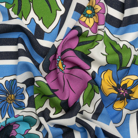 Metallic Viscose Woven Print - Blue Stripes and Florals - Mood Exclusive Countess Clarissa