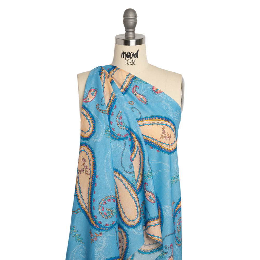 Metallic Viscose Woven Print - Blue and Peach Paisley - Mood Exclusive Bedelia Beginnings