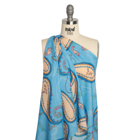 Metallic Viscose Woven Print - Blue and Peach Paisley - Mood Exclusive Bedelia Beginnings