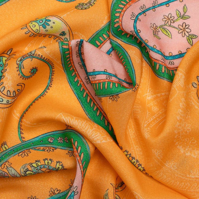 Metallic Viscose Woven Print - Orange and Green Paisley - Mood Exclusive Bedelia Beginnings