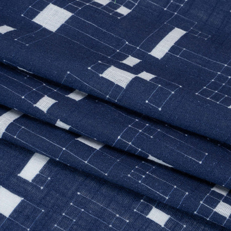 Slubbed Gauzy Cotton Woven Print - Navy Geometric Squares - Mood Exclusive Blocked In