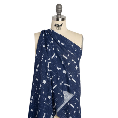 Slubbed Gauzy Cotton Woven Print - Navy Geometric Squares - Mood Exclusive Blocked In