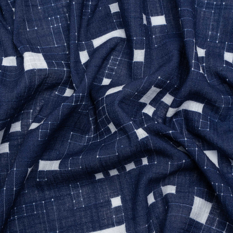 Slubbed Gauzy Cotton Woven Print - Navy Geometric Squares - Mood Exclusive Blocked In