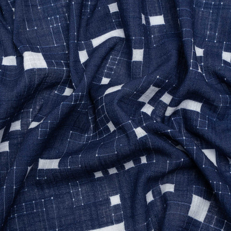 Slubbed Gauzy Cotton Woven Print - Navy Geometric Squares - Mood Exclusive Blocked In