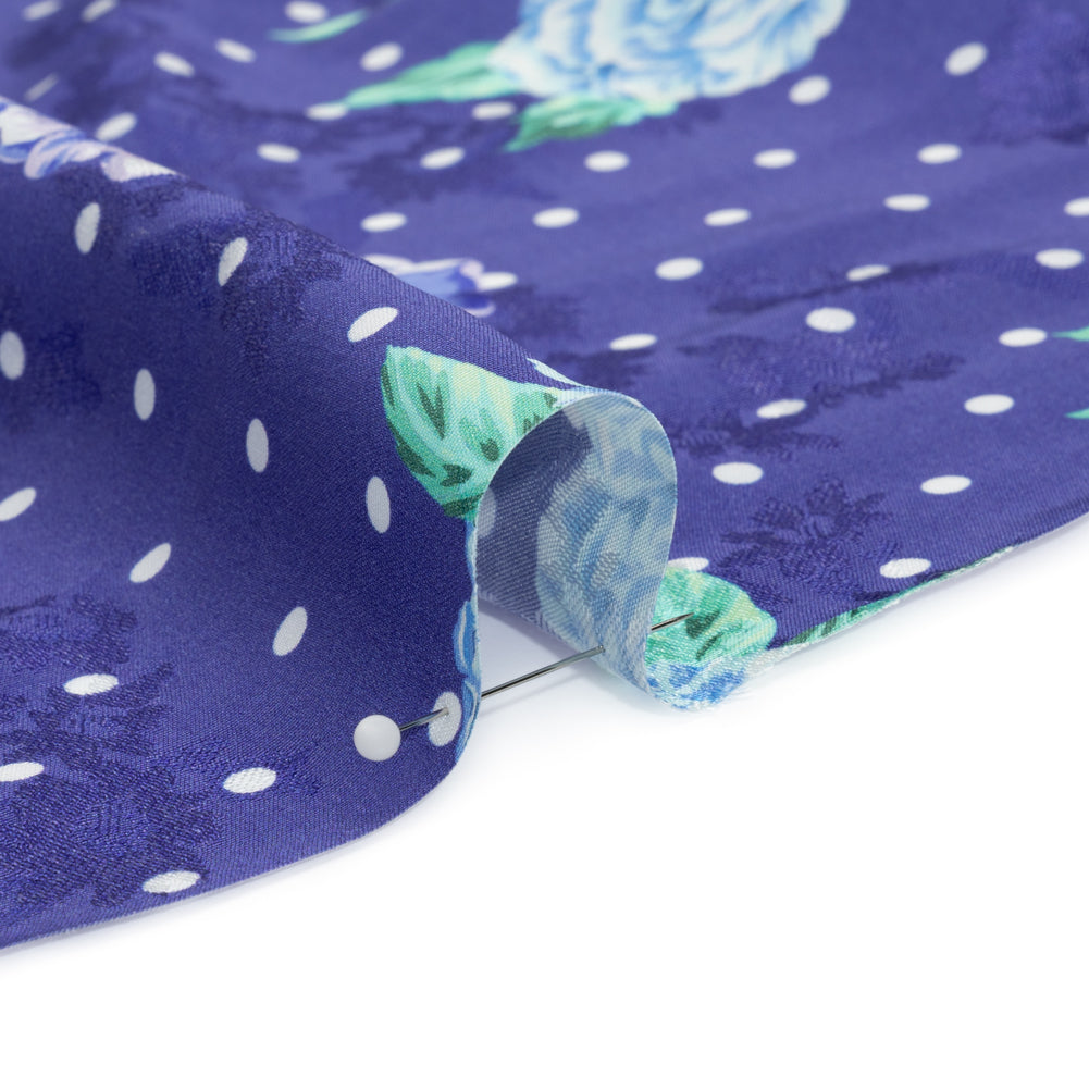 Floral Viscose Jacquard Print - Indigo, Blue and Pink Floral and Polka Dots - Mood Exclusive Rose Bush Banter