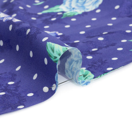 Floral Viscose Jacquard Print - Indigo, Blue and Pink Floral and Polka Dots - Mood Exclusive Rose Bush Banter