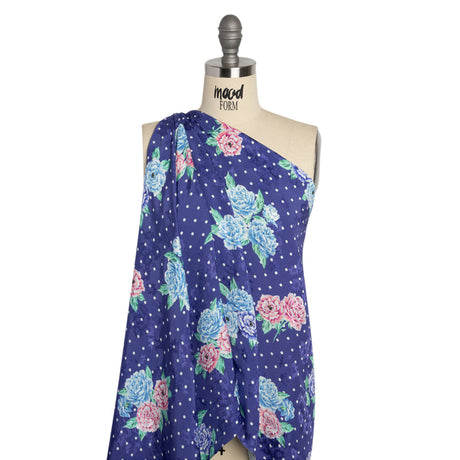 Floral Viscose Jacquard Print - Indigo, Blue and Pink Floral and Polka Dots - Mood Exclusive Rose Bush Banter