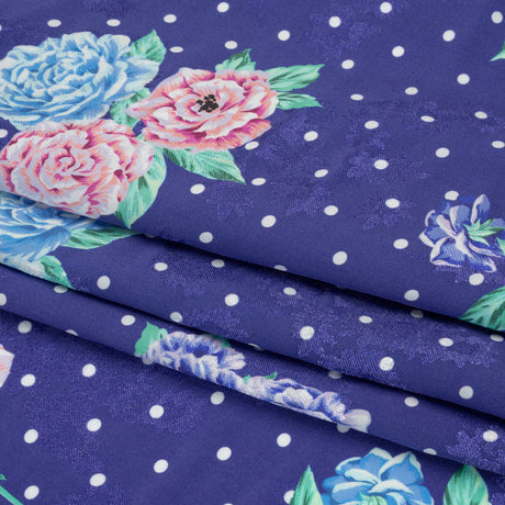 Floral Viscose Jacquard Print - Indigo, Blue and Pink Floral and Polka Dots - Mood Exclusive Rose Bush Banter