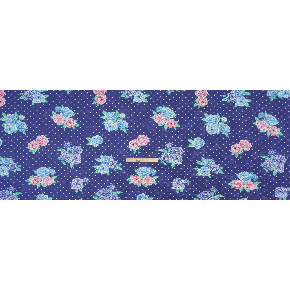 Floral Viscose Jacquard Print - Indigo, Blue and Pink Floral and Polka Dots - Mood Exclusive Rose Bush Banter