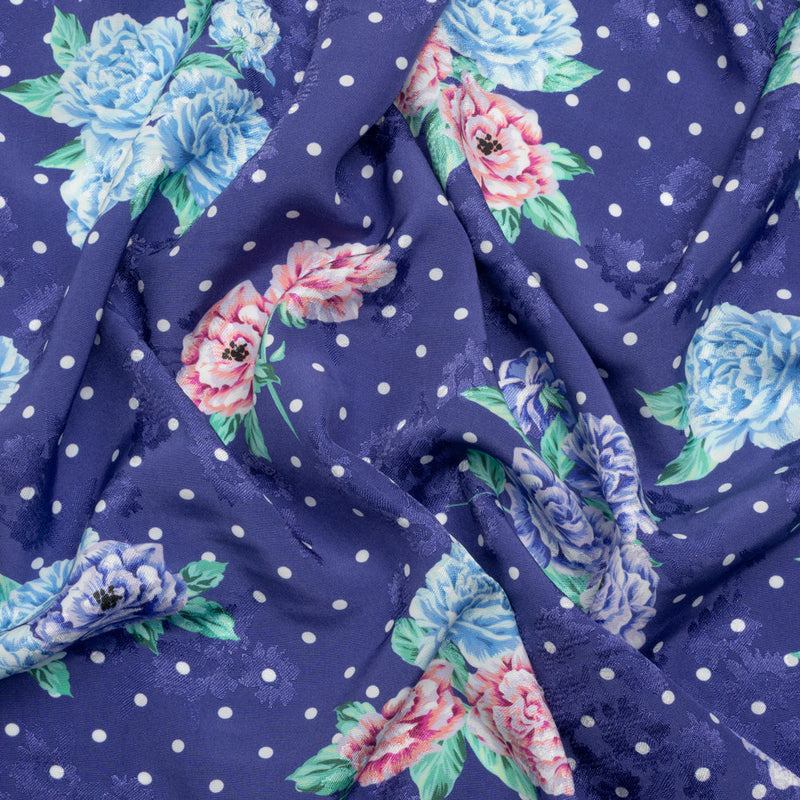 Floral Viscose Jacquard Print - Indigo, Blue and Pink Floral and Polka Dots - Mood Exclusive Rose Bush Banter
