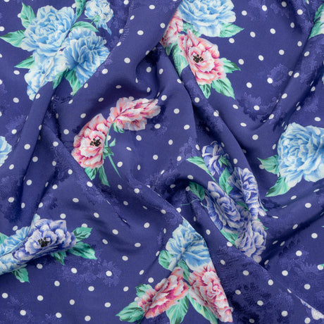 Floral Viscose Jacquard Print - Indigo, Blue and Pink Floral and Polka Dots - Mood Exclusive Rose Bush Banter