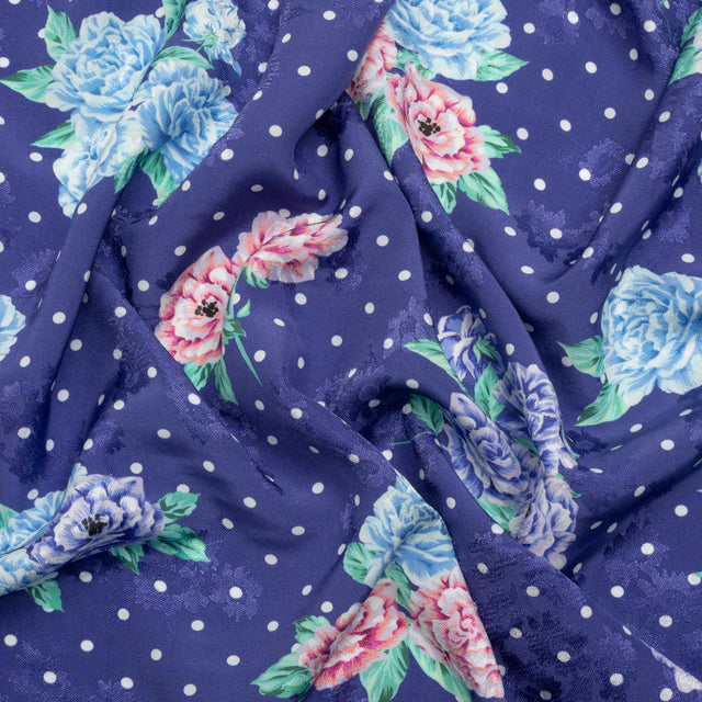 Floral Viscose Jacquard Print - Indigo, Blue and Pink Floral and Polka Dots - Mood Exclusive Rose Bush Banter