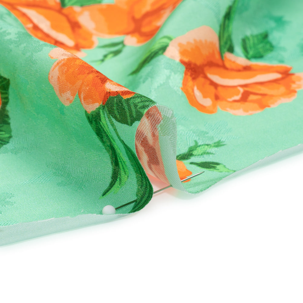Floral Viscose Jacquard Print - Mint Green and Orange Floral - Mood Exclusive Robin's Egg Rose