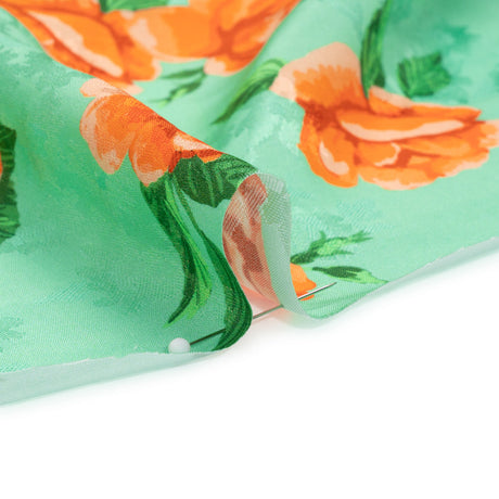 Floral Viscose Jacquard Print - Mint Green and Orange Floral - Mood Exclusive Robin's Egg Rose