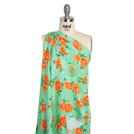 Floral Viscose Jacquard Print - Mint Green and Orange Floral - Mood Exclusive Robin's Egg Rose