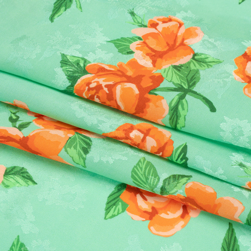 Floral Viscose Jacquard Print - Mint Green and Orange Floral - Mood Exclusive Robin's Egg Rose