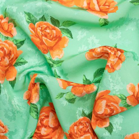 Floral Viscose Jacquard Print - Mint Green and Orange Floral - Mood Exclusive Robin's Egg Rose