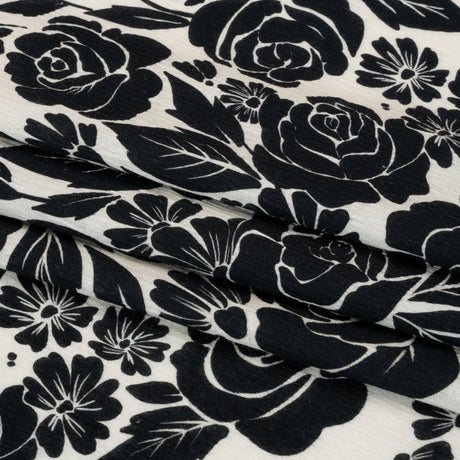 Crinkled Cotton Gauze Panel - Black and White Roses - Mood Exclusive Mounting Roses Print