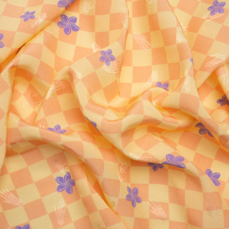 Hands Viscose Jacquard Print - Peach Floral Checkerboard - Mood Exclusive Dippin' Disco