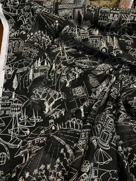 Kelly Ripa Home Daily Sketch Toile Cotton Duck Fabric - Black, Gray, White Sketch Toile, 54" Width (1 Yard)