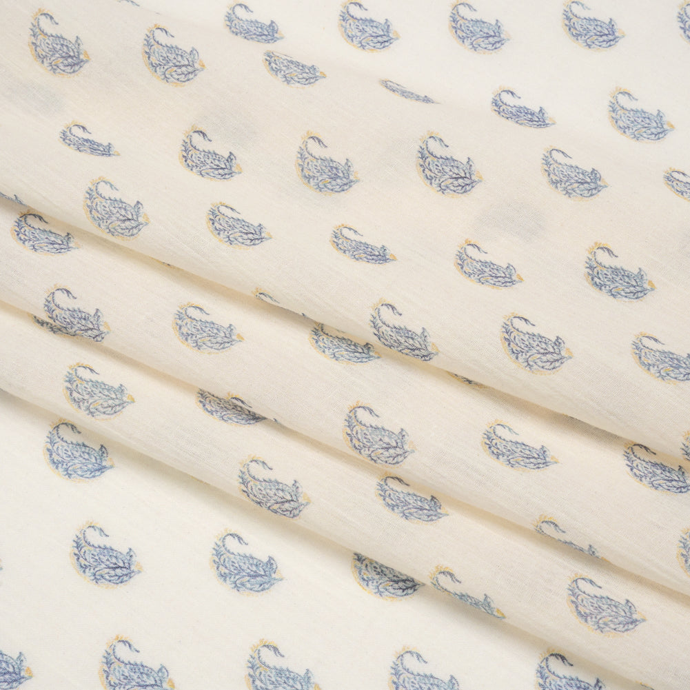 Crinkled Cotton Gauzy Woven Print - Cream and Blue Paisley - Mood Exclusive Bit of Bloom