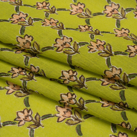 Crinkled Cotton Gauzy Woven Print - Lime Green and Pink Floral Lattice - Mood Exclusive Tulip Trellis