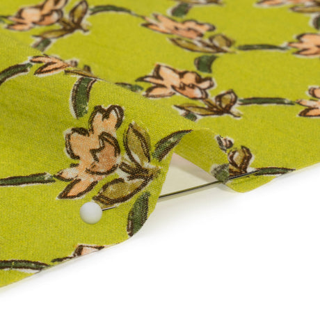 Crinkled Cotton Gauzy Woven Print - Lime Green and Pink Floral Lattice - Mood Exclusive Tulip Trellis