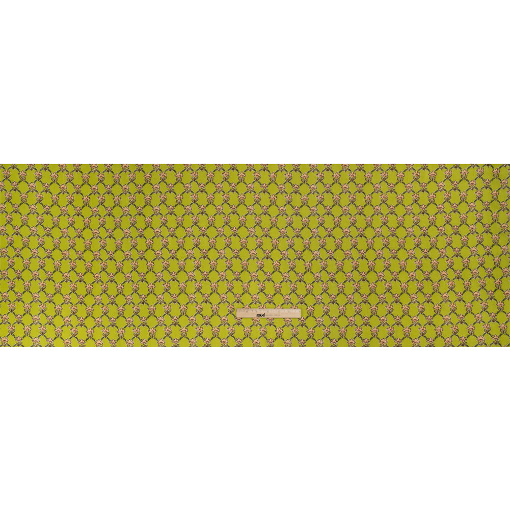 Crinkled Cotton Gauzy Woven Print - Lime Green and Pink Floral Lattice - Mood Exclusive Tulip Trellis
