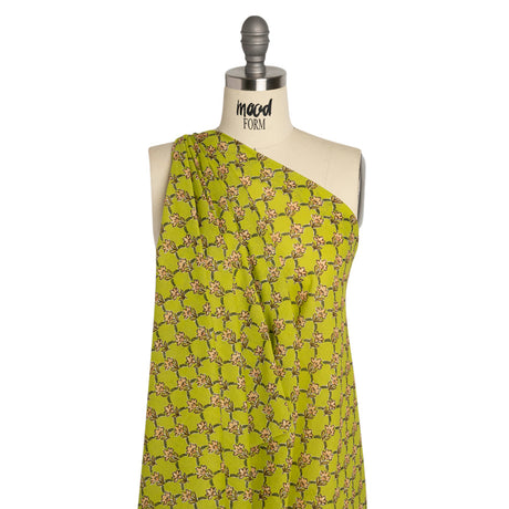 Crinkled Cotton Gauzy Woven Print - Lime Green and Pink Floral Lattice - Mood Exclusive Tulip Trellis