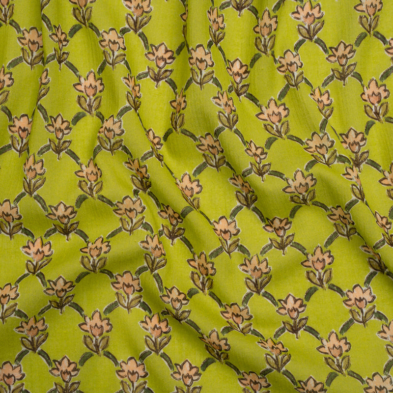 Crinkled Cotton Gauzy Woven Print - Lime Green and Pink Floral Lattice - Mood Exclusive Tulip Trellis