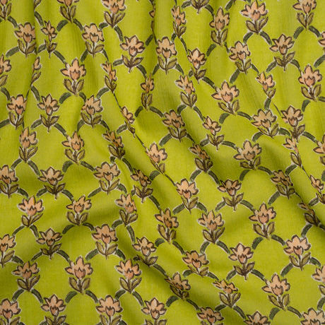 Crinkled Cotton Gauzy Woven Print - Lime Green and Pink Floral Lattice - Mood Exclusive Tulip Trellis