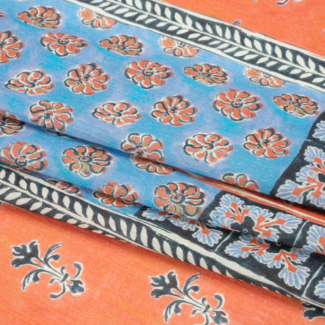 Crinkled Cotton Gauzy Woven Panel - Sky Blue and Coral Floral Patchwork - Mood Exclusive Oued Fes