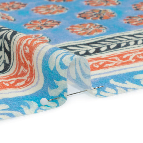 Crinkled Cotton Gauzy Woven Panel - Sky Blue and Coral Floral Patchwork - Mood Exclusive Oued Fes