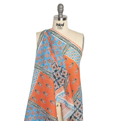 Crinkled Cotton Gauzy Woven Panel - Sky Blue and Coral Floral Patchwork - Mood Exclusive Oued Fes