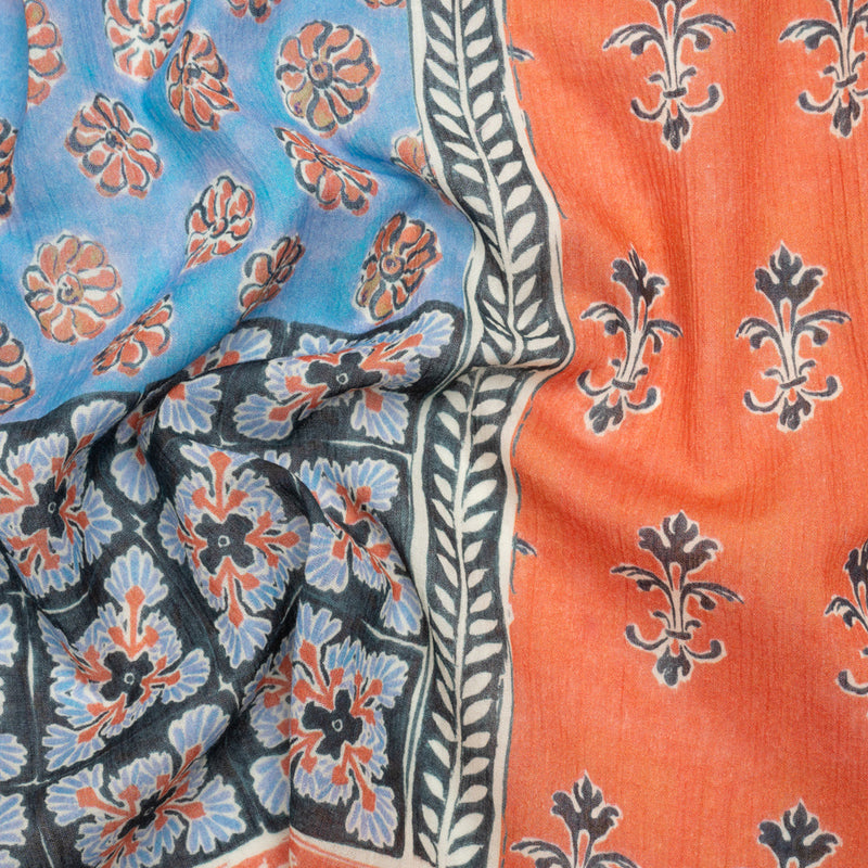 Crinkled Cotton Gauzy Woven Panel - Sky Blue and Coral Floral Patchwork - Mood Exclusive Oued Fes