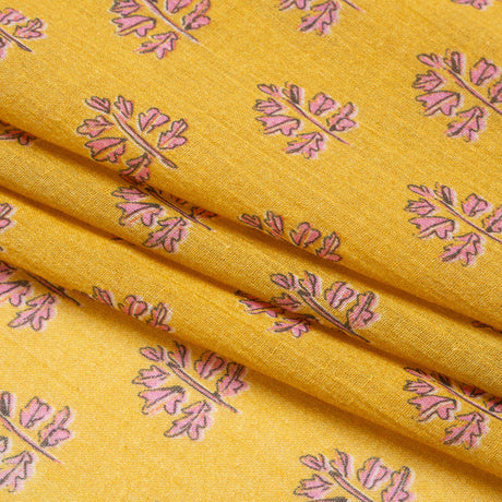 Crinkled Cotton Gauzy Woven Print - Yellow and Pink Leaves - Mood Exclusive Fields of Gold