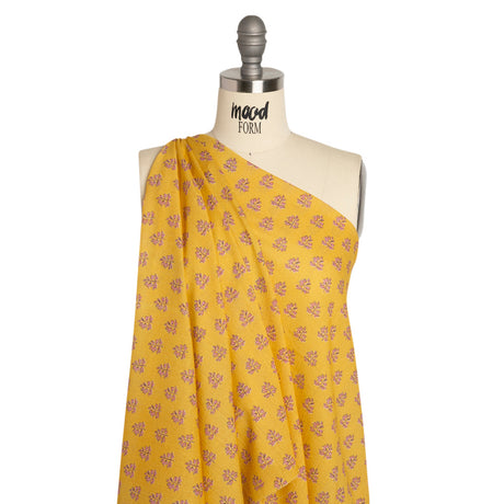 Crinkled Cotton Gauzy Woven Print - Yellow and Pink Leaves - Mood Exclusive Fields of Gold
