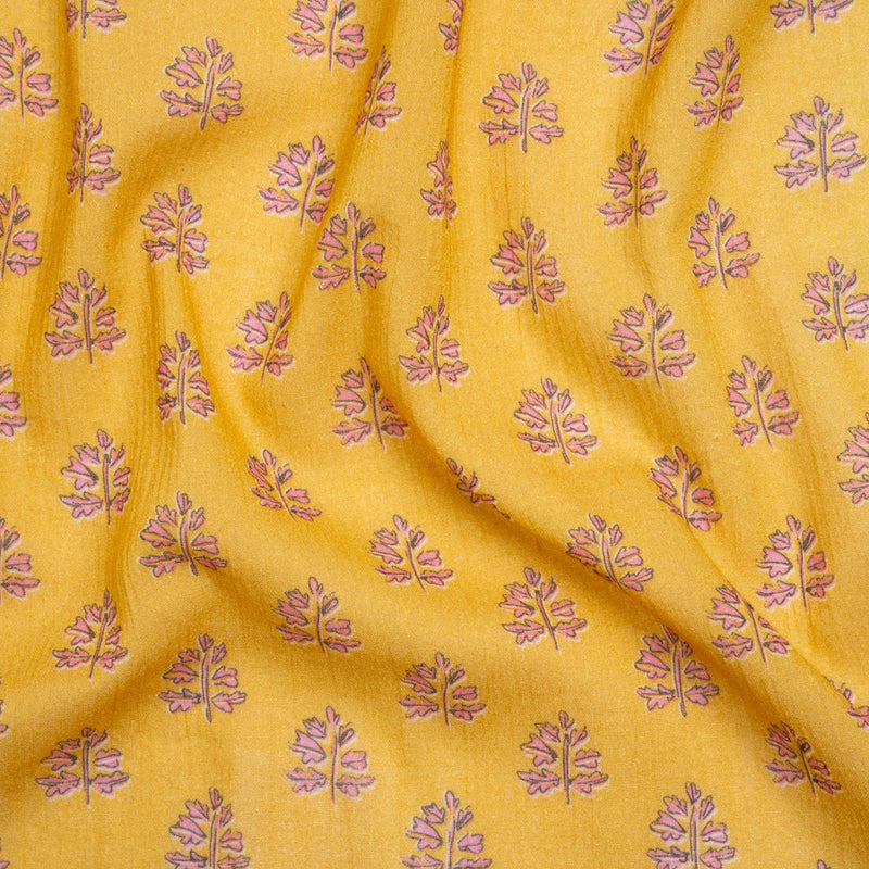 Crinkled Cotton Gauzy Woven Print - Yellow and Pink Leaves - Mood Exclusive Fields of Gold
