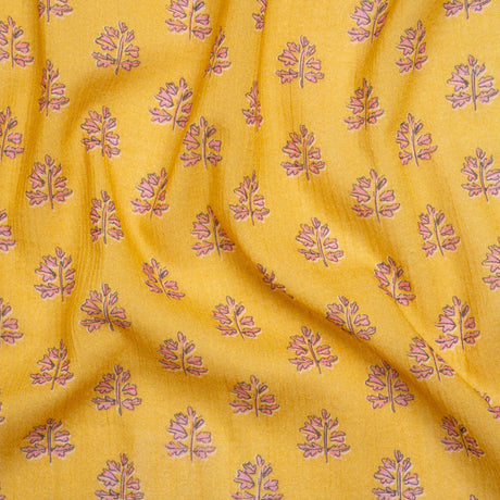 Crinkled Cotton Gauzy Woven Print - Yellow and Pink Leaves - Mood Exclusive Fields of Gold