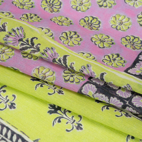 Crinkled Cotton Gauzy Woven Panel - Baby Pink and Lime Green Floral Patchwork - Mood Exclusive Oued Fes