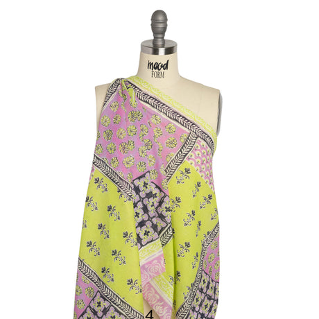 Crinkled Cotton Gauzy Woven Panel - Baby Pink and Lime Green Floral Patchwork - Mood Exclusive Oued Fes