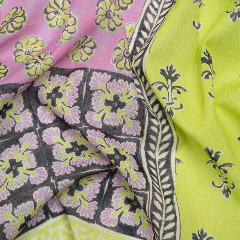 Crinkled Cotton Gauzy Woven Panel - Baby Pink and Lime Green Floral Patchwork - Mood Exclusive Oued Fes