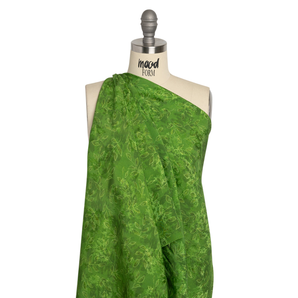 Floral Viscose Jacquard Print - Grass Green Tie Dye and Leaves - Mood Exclusive Little Sprigs