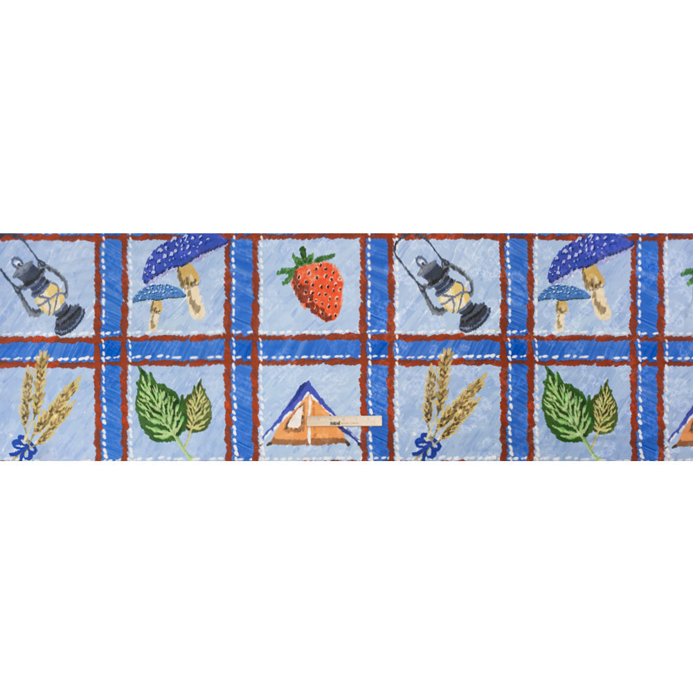 Floral Viscose Jacquard Print - Blue Outdoorsy Icons Grid - Mood Exclusive Take a Hike
