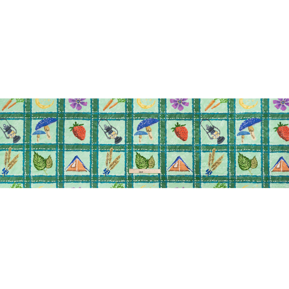 Floral Viscose Jacquard Print - Green Outdoorsy Icons Grid - Mood Exclusive Take a Hike