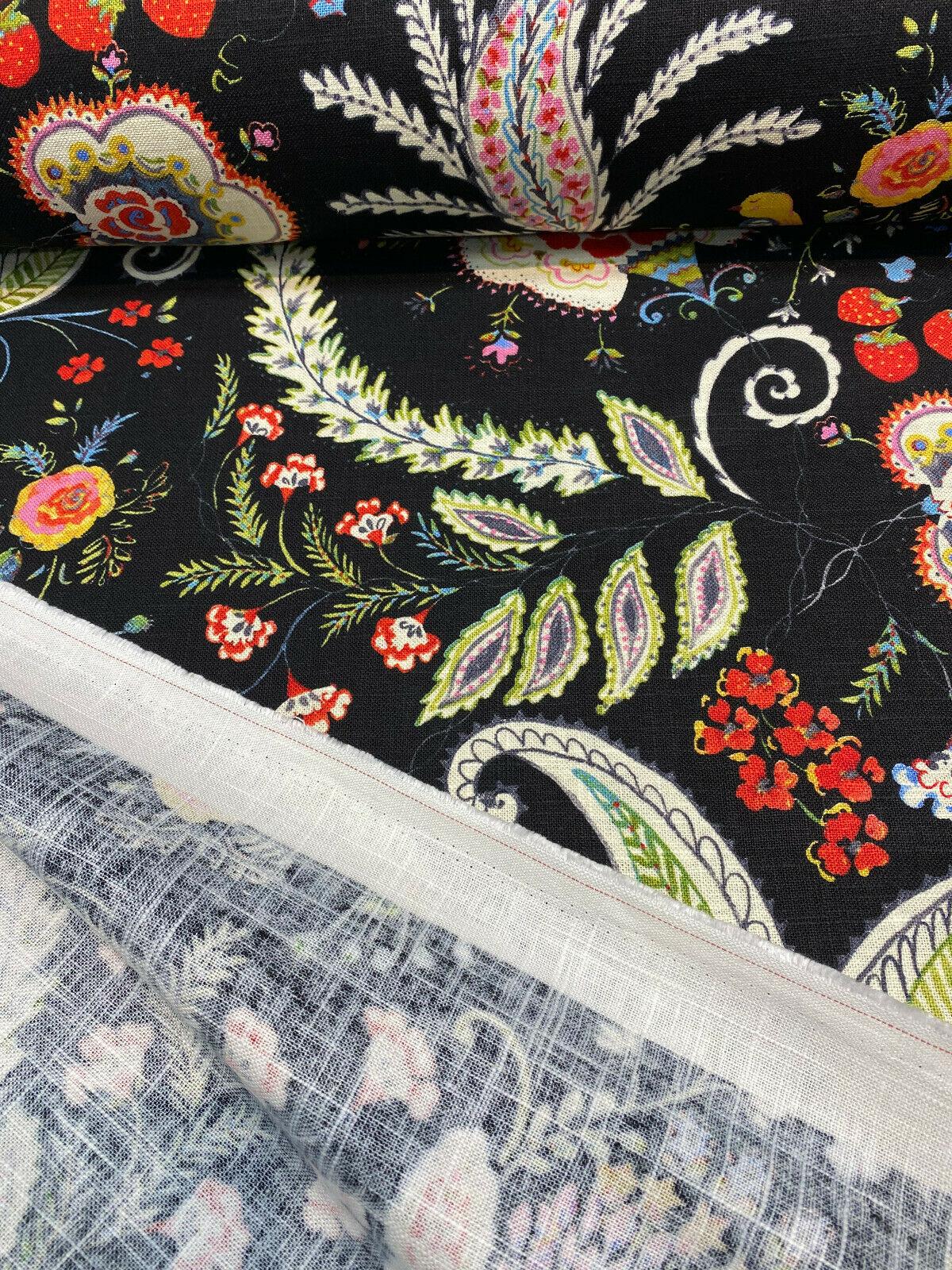 P Kaufmann Hidden Charms Linen Rayon Blend Fabric - Fiesta Black Birds And Berries Floral, 54" Width (By The Yard)