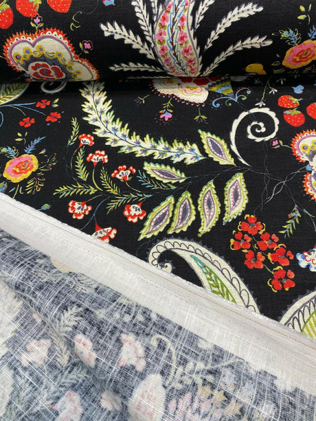 P Kaufmann Hidden Charms Linen Rayon Blend Fabric - Fiesta Black Birds And Berries Floral, 54" Width (By The Yard)