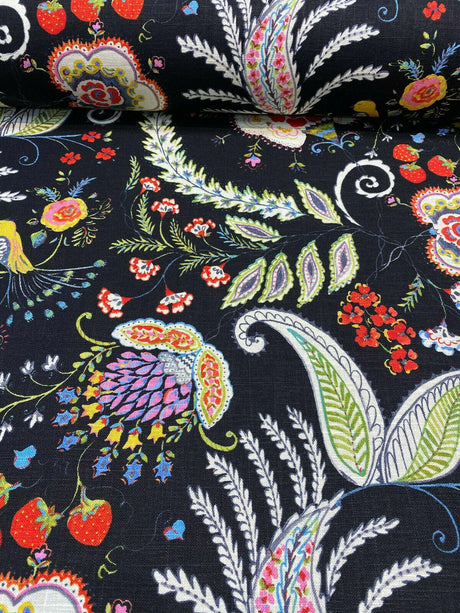 P Kaufmann Hidden Charms Linen Rayon Blend Fabric - Fiesta Black Birds And Berries Floral, 54" Width (By The Yard)