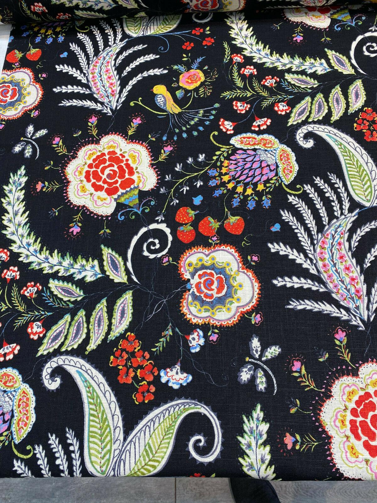 P Kaufmann Hidden Charms Linen Rayon Blend Fabric - Fiesta Black Birds And Berries Floral, 54" Width (By The Yard)