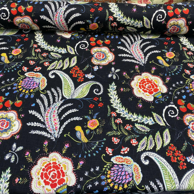 P Kaufmann Hidden Charms Linen Rayon Blend Fabric - Fiesta Black Birds And Berries Floral, 54" Width (By The Yard)